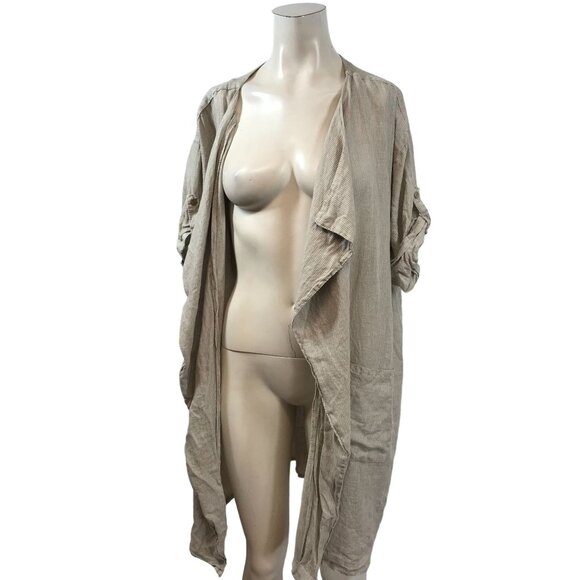 LIN BLANC - WOMEN'S 48 - TAN SHORT ROLL SLEEVE DRAPE FRONT 100% LINEN CARDIGAN - Picture 1 of 5